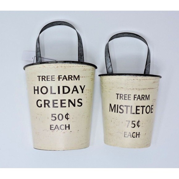 Tree Farm Holiday Greens Mistletoe Rustic Galvanized Metal Wall Planter Set of 2 - Picture 1 of 5